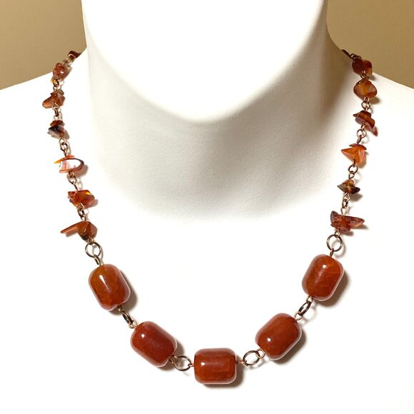 Genuine Burnt Orange Snakeskin Agate Bib Necklace, Large Gemstone & Copper Links - Picture 2 of 13